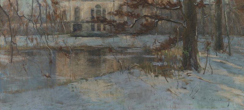 Snow-covered landscape with a country house, oil painting by Albert Baertsoen