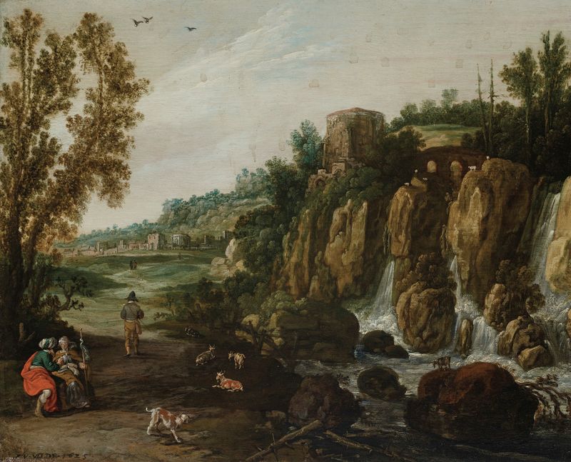 Un paisaje rocoso con una cascada de Esaias van de Velde, pintura al óleo con Ruth y Booz.