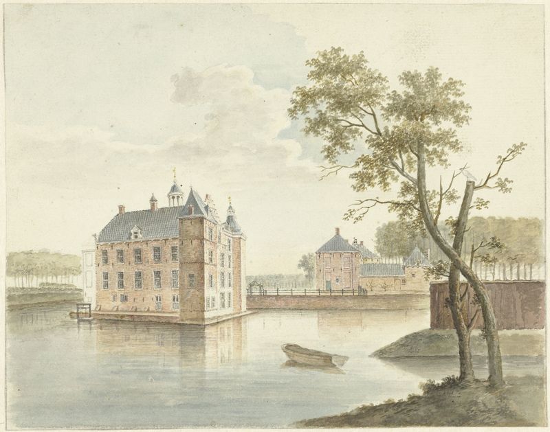 Pintura a óleo de um castelo em paisagem de Johan Antonie Kaldenbach