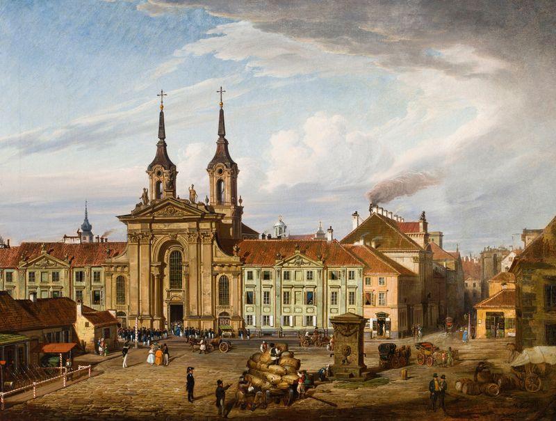 Architecture of the Piarist church at twilight by Marcin Zaleski, oil painting