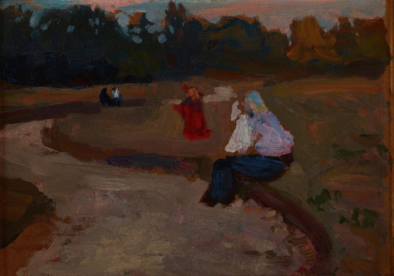 Pintura al óleo de Jan Stanisławski que muestra una pareja entre flores en un jardín botánico.