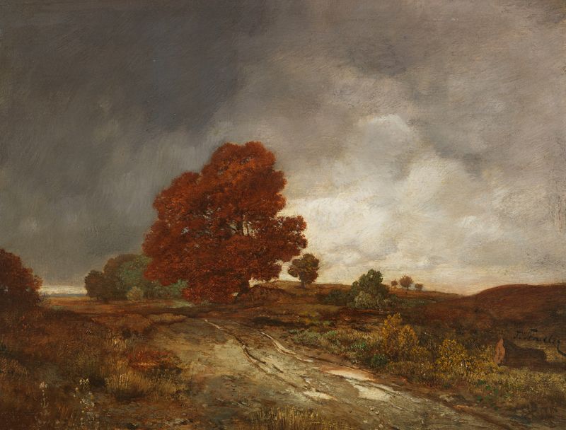 Autumn landscape by Toni von Stadler, oil on canvas, featuring vibrant trees and a distant horizon.