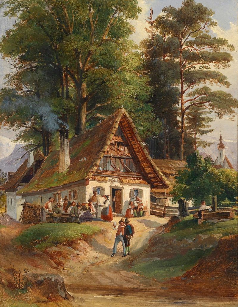 Escena de género que muestra a los clientes en una taberna, pintura al óleo de Johann Nepomuk Passini