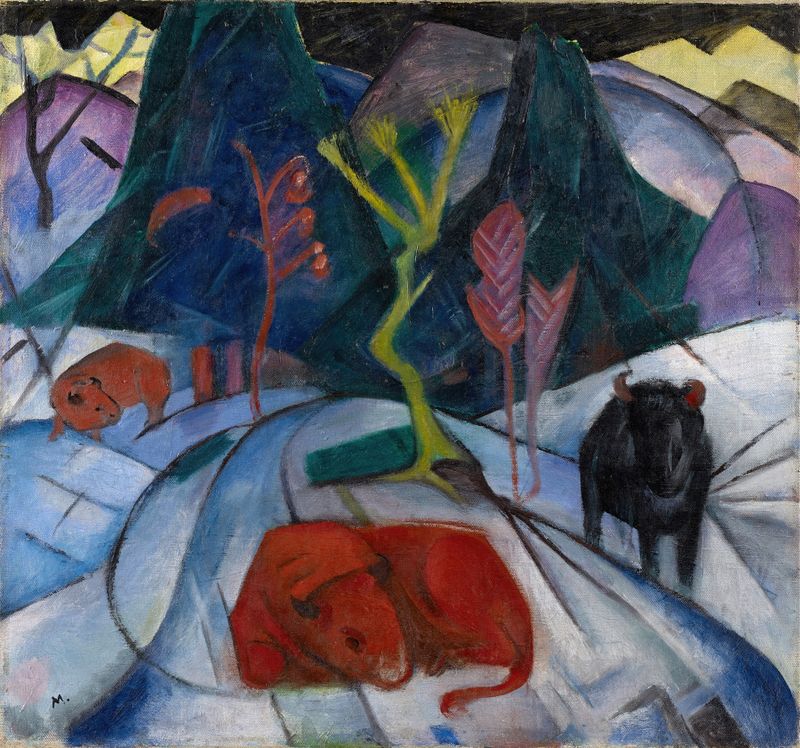 A bison in winter, expressionism, oil painting by Franz Marc