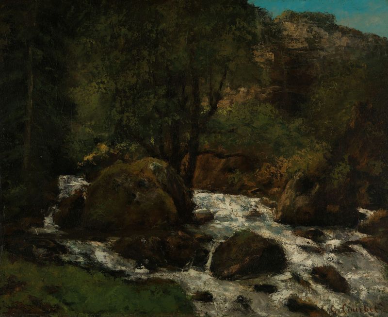 Forest Brook, Jura de Gustave Courbet, óleo sobre tela retratando uma paisagem florestal tranquila com um riacho.