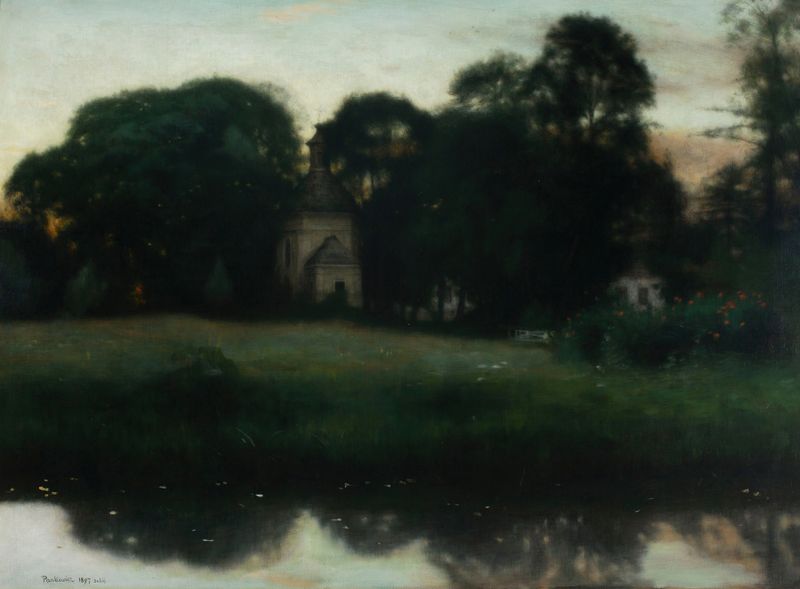 Paisagem de um parque com folhagem e luz do sol, óleo sobre tela de Józef Pankiewicz