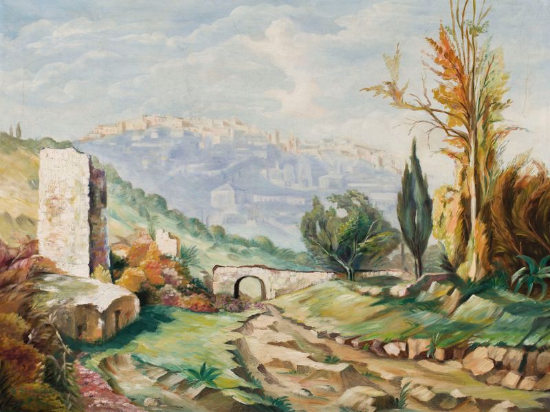 Southern Landscape de G. Strużyna, pintura a óleo que retrata colinas e um céu vibrante.