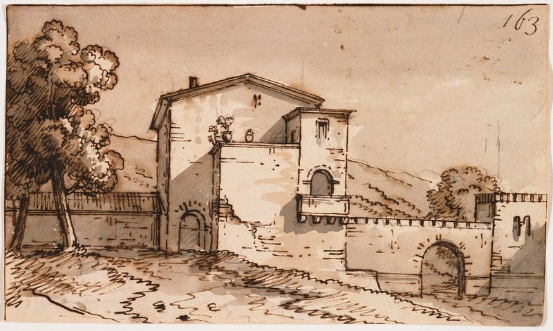 Paisaje italiano de Giacomo Quarenghi, óleo sobre lienzo que muestra colinas y un cielo vibrante.