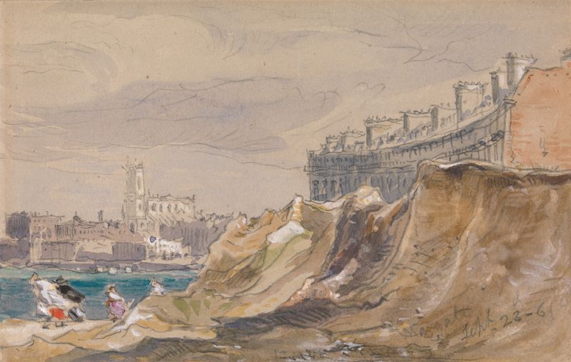 Paisaje costero con suaves olas y atardecer, óleo sobre lienzo de James Holland