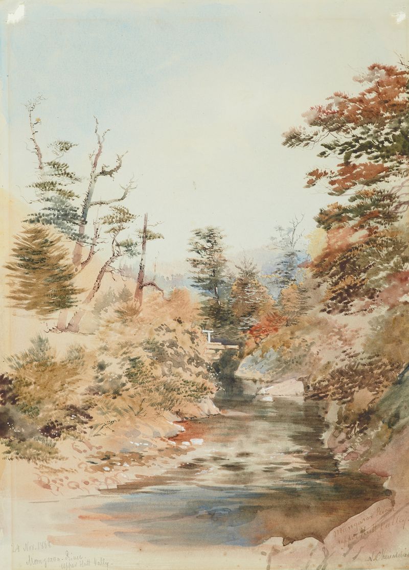 Landscape of Mangaroa River, Upper Hutt Valley by Nicholas Chevalier, oil painting