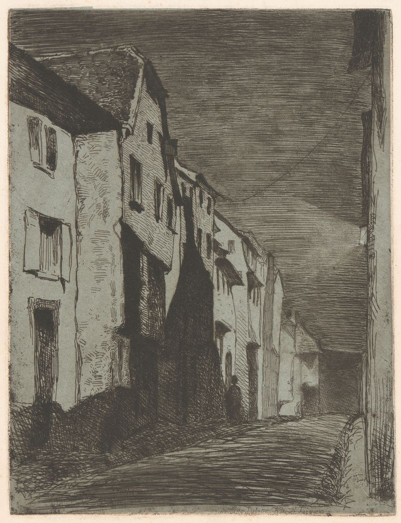 Street at Saverne de James Abbott McNeill Whistler, pintura a óleo que retrata uma cena de vila ao crepúsculo.