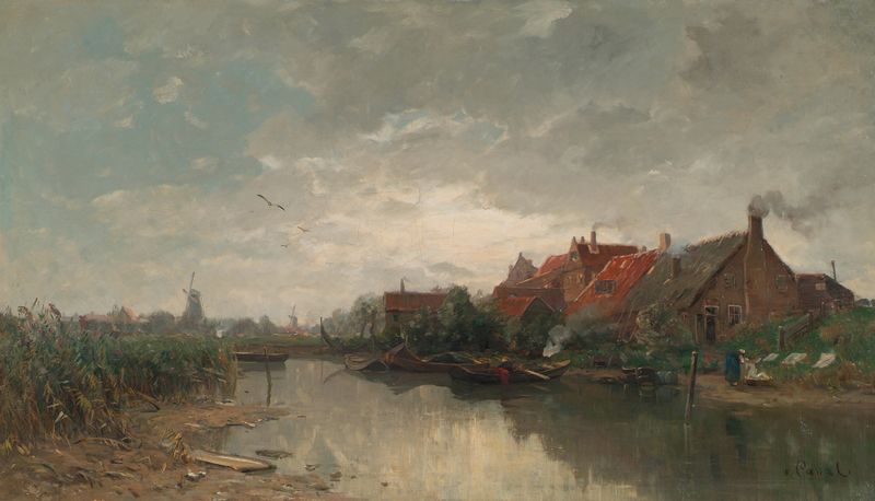 Niederländischer Kanal de Gilbert von Canal, óleo sobre tela que representa uma paisagem tranquila com reflexos na água.