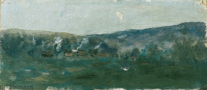 Hügellandschaft Mit Mondsichel de Theodor Von Hörmann, óleo sobre lienzo que muestra colinas bajo un cielo crepuscular