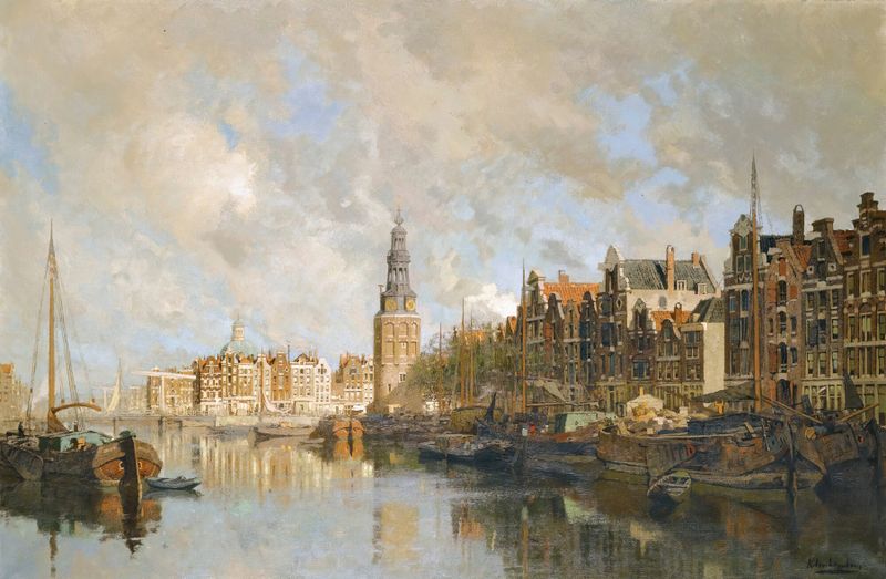 Montelbaanstoren tower in Amsterdam, oil on canvas by Johannes Christiaan Karel Klinkenberg
