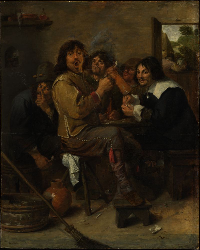 The Smokers de Adriaen Brouwer, medio de madera, que representa figuras en un entorno interior íntimo.