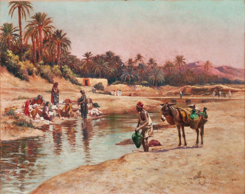 Lavanderas junto al río y porteador de agua, óleo sobre lienzo de Alexis-Auguste Delahogue