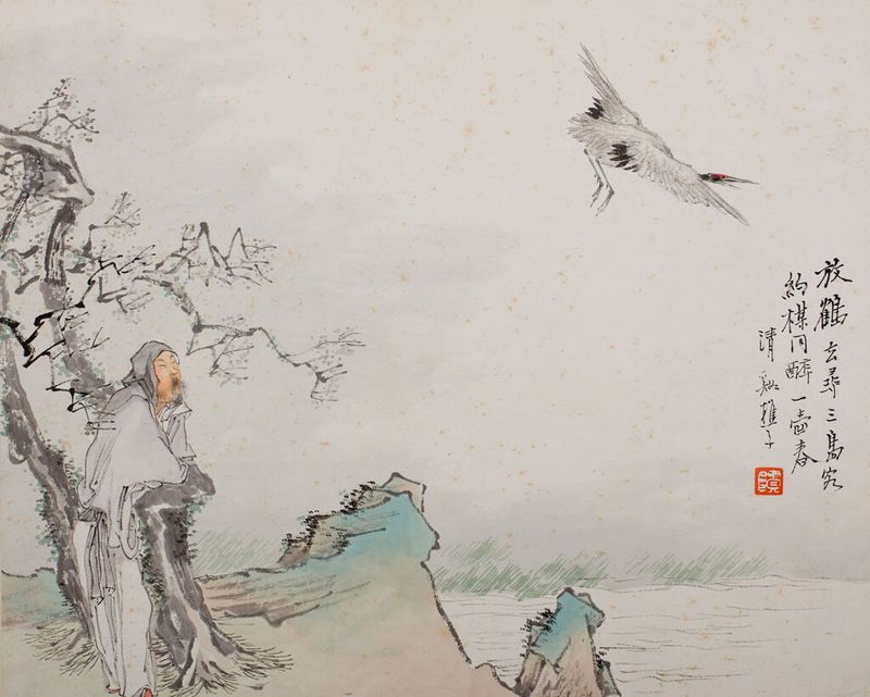 Cena figurativa em tons terrosos de Qian Hui'an, final do século XIX, retratando figuras em uma paisagem.