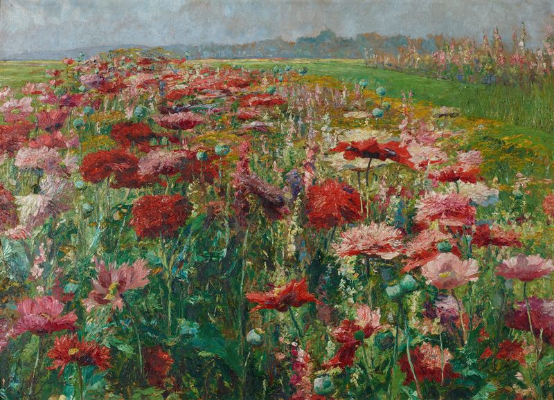Oil painting of vibrant scarlet poppies by Olga Wisinger-Florian