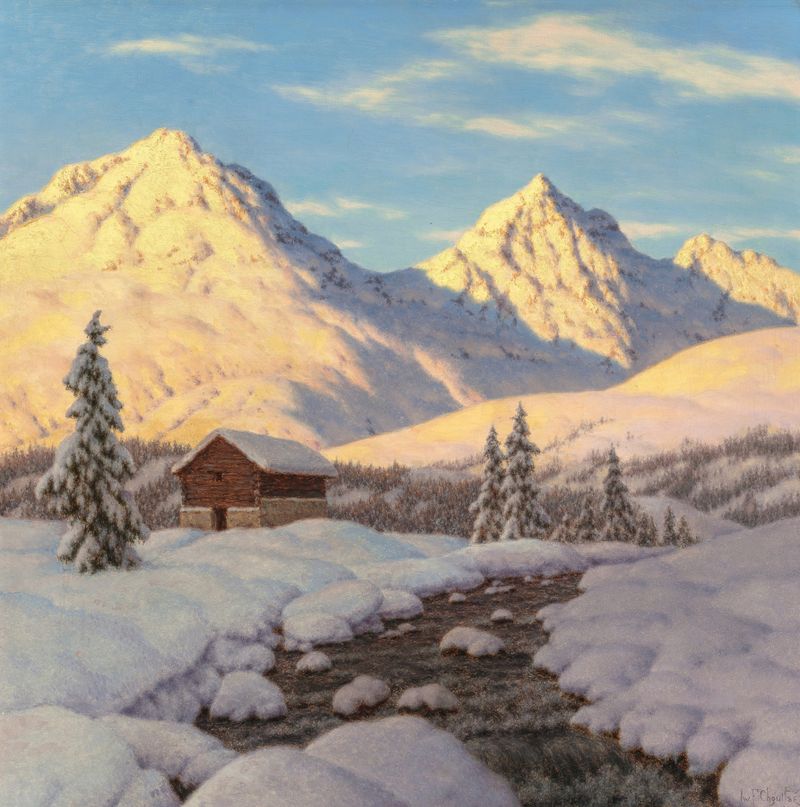 Snowy Sunrise by Ivan Choultsé, oil on canvas depicting a winter landscape with snow and sunrise.