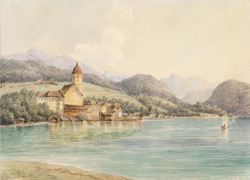 Landscape of Lake Wolfgang by Carl Lafite, featuring gentle ripples and a quaint village.