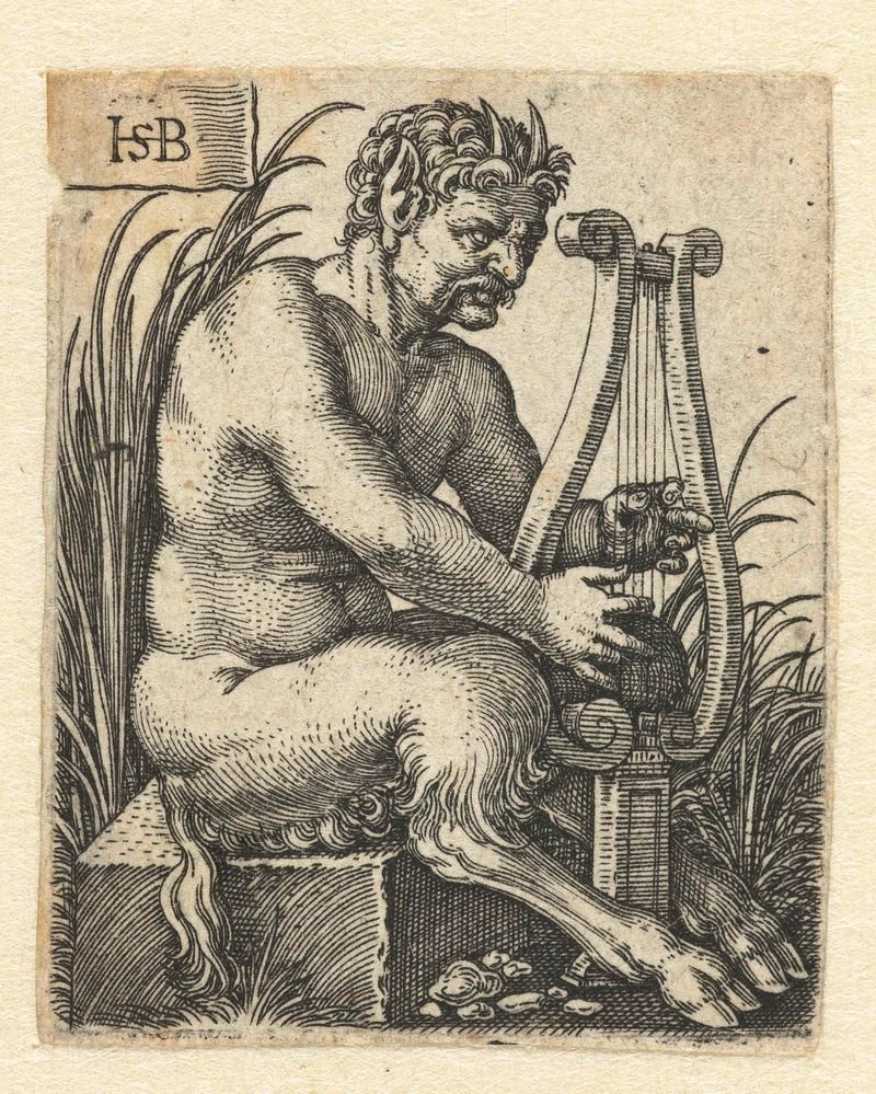 Gravura de Hans Sebald Beham de um sátiro tocando uma lira.