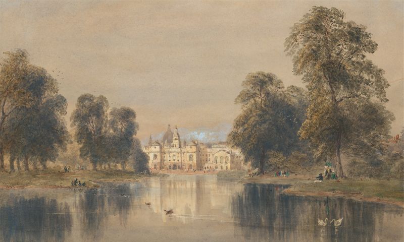 The Horse Guards From the Bridge, 1833 by Joseph Murray Ince, depicting horse guards on a bridge, oil painting.