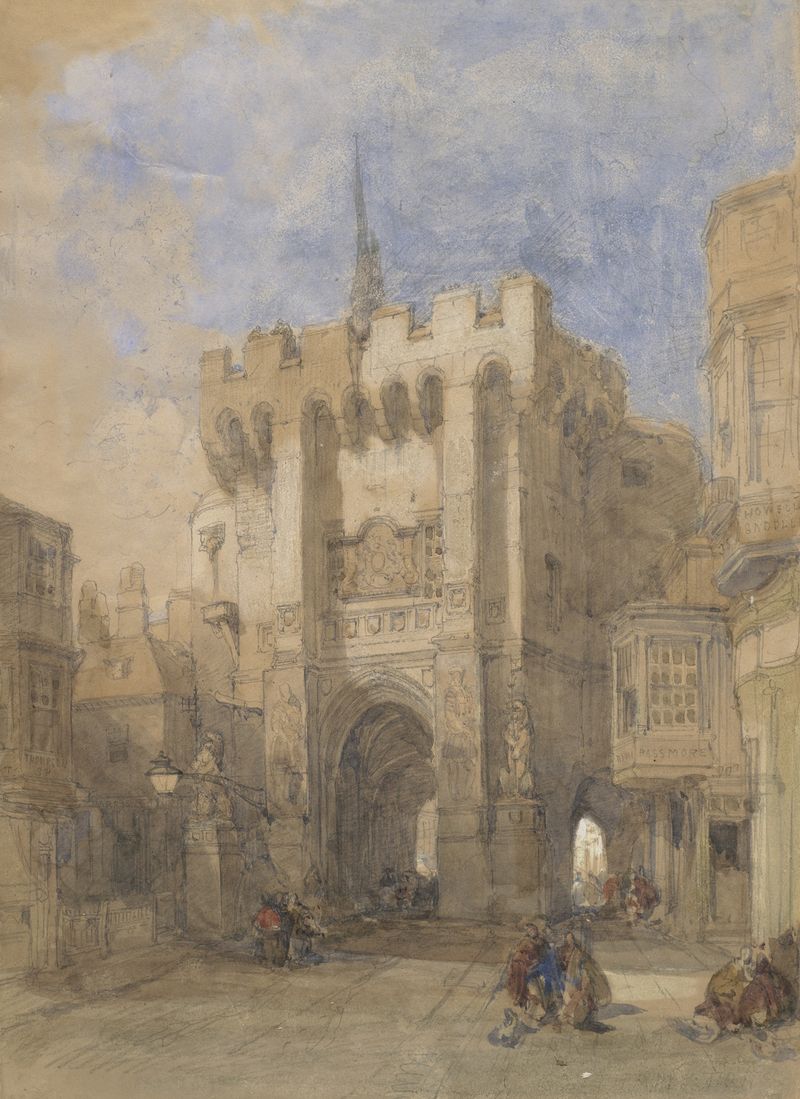 Bargate, Southampton de David Roberts, óleo que representa arquitectura medieval con luz dorada.