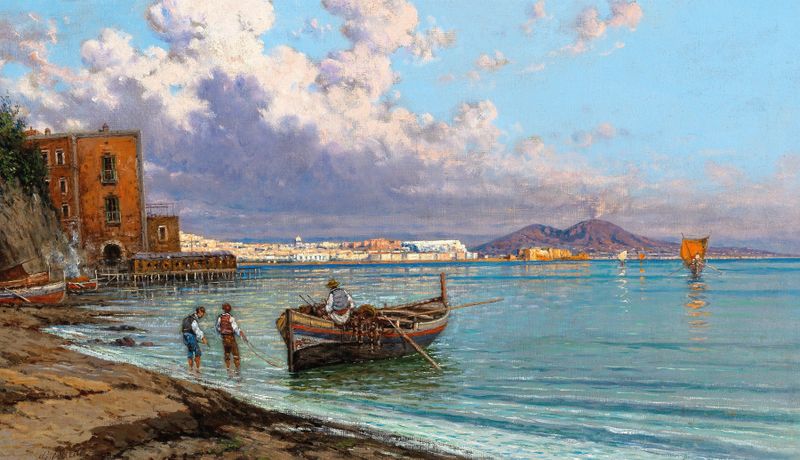 Fishermen in Naples with Vesuvius in the background, oil painting by Giuseppe Carelli