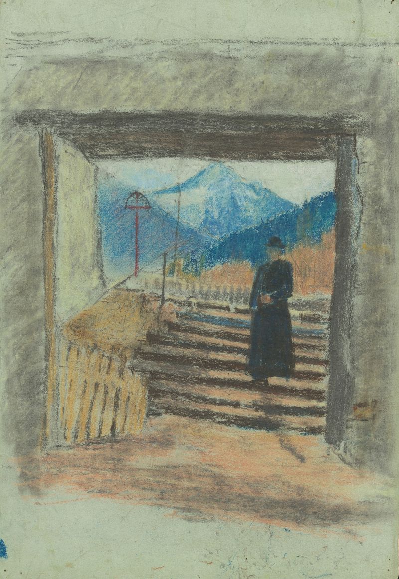Figurative work by Ladislav Mednyánszky, depicting a figure in a graveyard, oil painting