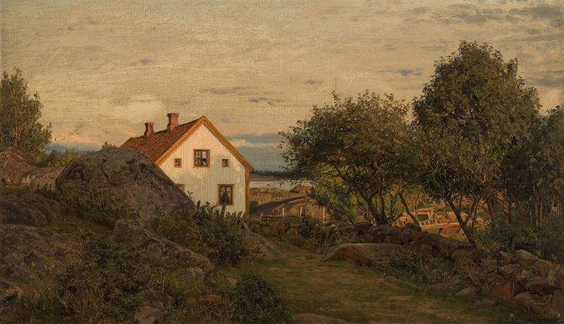 Sommeraften ved Hvaler de Amaldus Nielsen, pintura al óleo que representa una tranquila noche de verano sobre el agua.