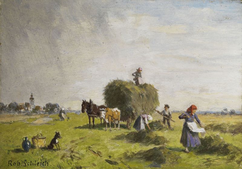 Genre scene depicting harvest in golden light by Robert Schleich