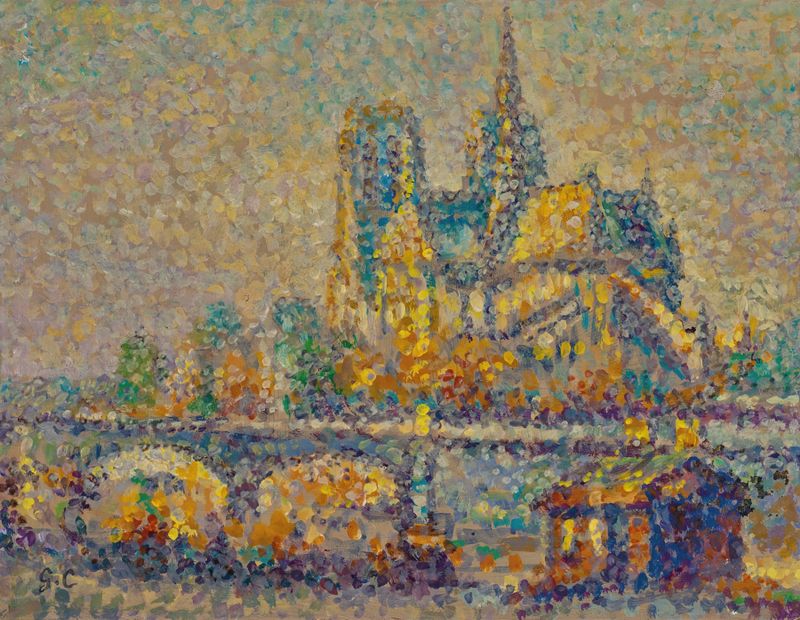 Notre-Dame de Paris by Gustave Cariot, oil painting depicting a cathedral with intricate stonework and light.
