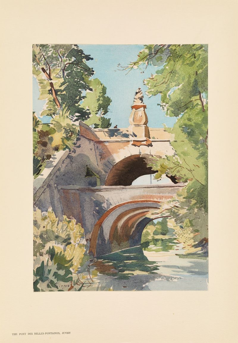 The Pont des Belles-Fontaines, Juvisy by Pierre Vignal, oil on canvas depicting a bridge over a river.