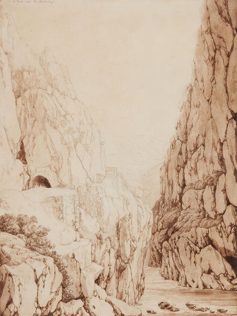 Die Furlo-Schlucht de Jacob Philipp Hackert, pintura a óleo que retrata a luz do sol filtrando entre as rochas.