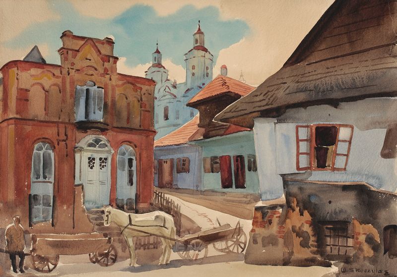 Abstract artwork of fragmented buildings and twilight by Władysław Skoczylas