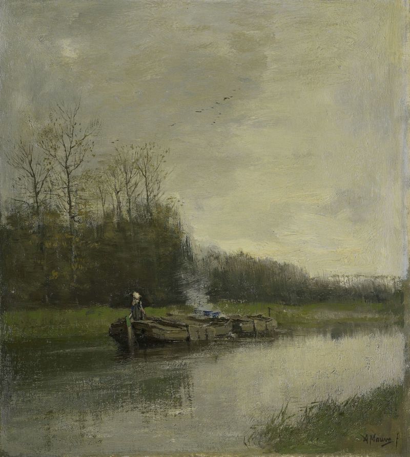 Trekvaart de Anton Mauve, óleo sobre tela que retrata um tranquilo canal e natureza exuberante.