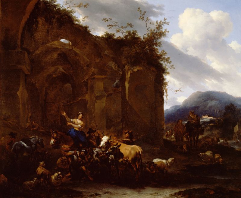 Escena de género con un herrero y campesinos cerca de ruinas romanas, pintura al óleo de Nicolaes Pietersz Berchem.