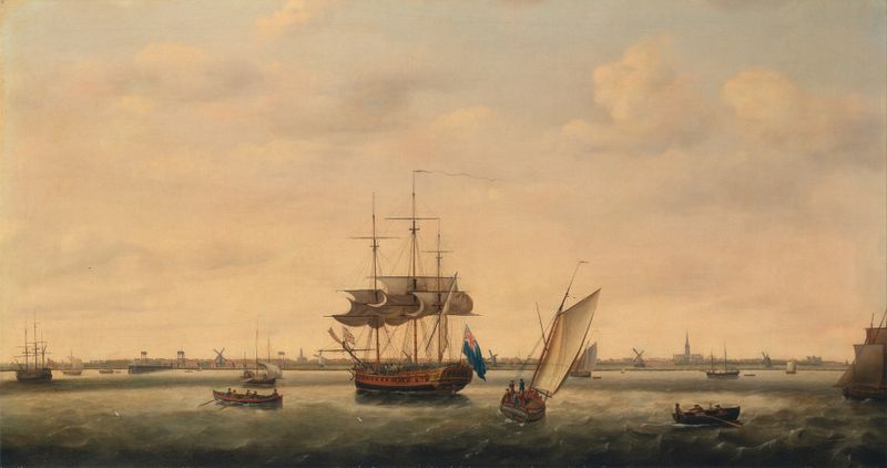 The Frigate ‘Surprise’ at Anchor off Great Yarmouth, oil on canvas by Francis Holman