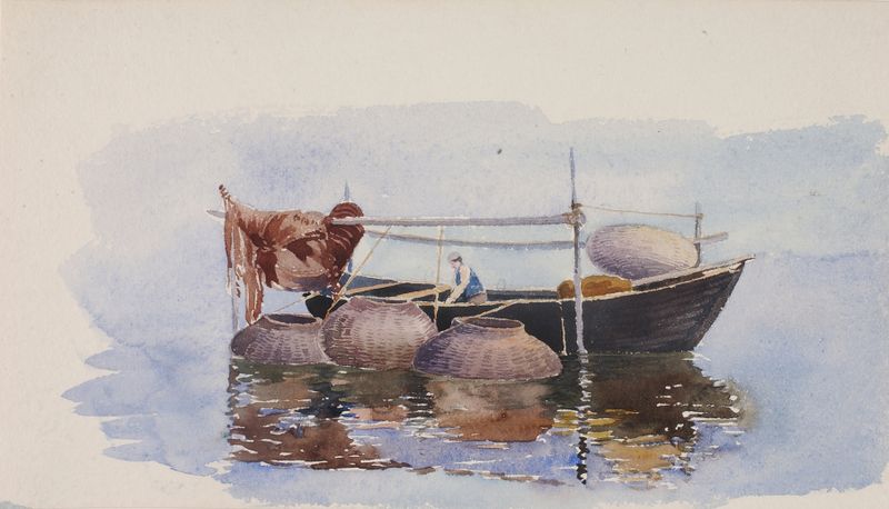 Barco de pesca na água de George Elbert Burr, pintura a óleo
