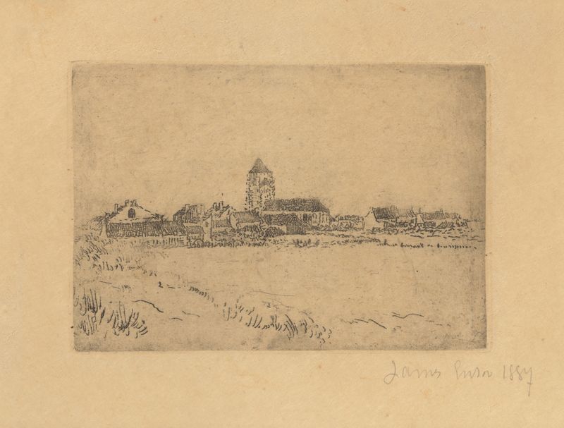 Klein gezicht op Mariakerke, óleo sobre tela de James Ensor retratando uma vila vibrante sob um céu dinâmico.