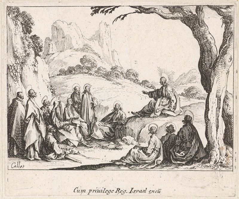 Grabado Bergrede de Jacques Callot que muestra figuras iluminadas en luz dorada.