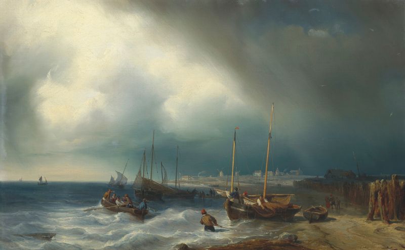 Coastal view by Louis Meijer, oil on canvas depicting an ocean horizon with soft blues and gentle waves.