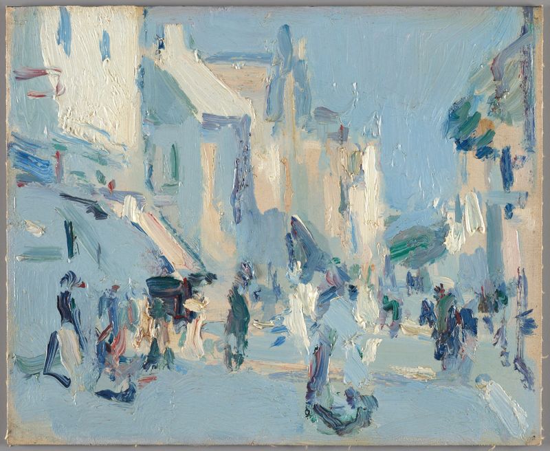 Paris-Plage de Samuel John Peploe, pintura al óleo que muestra una escena de playa con azules vibrantes.