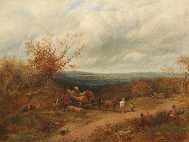 Woodcutters de John Linnell, 1874, que muestra a los trabajadores en un bosque, cortando madera, pintura al óleo.