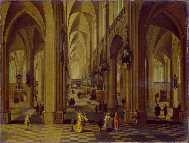 Interior of Antwerp Cathedral by Pieter Neeffs the Elder, oil painting showing light filtering through columns.