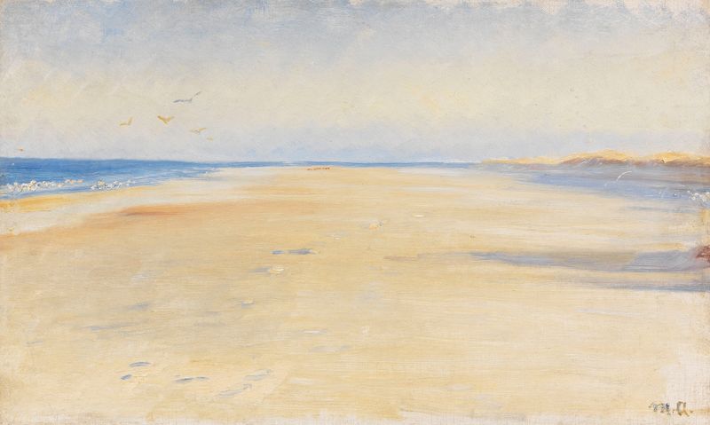 On the Beach at Skagen, óleo de Michael Peter Ancher, con mujeres junto al mar.