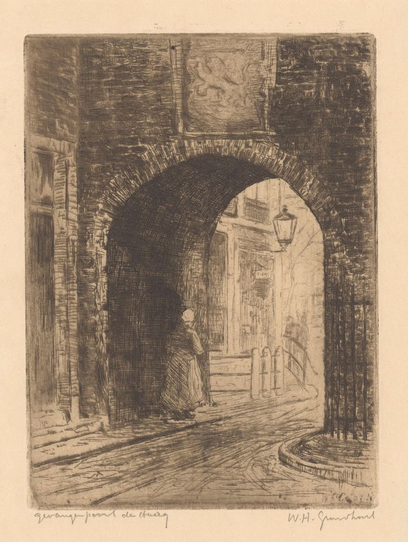 Gevangenpoort in Den Haag by Willem Adrianus Grondhout, oil on canvas depicting an archway at sunset