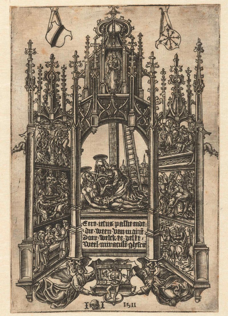 Grabado de Meester II met doodshoofd que muestra a Cristo en un santuario con María y las siete penas.