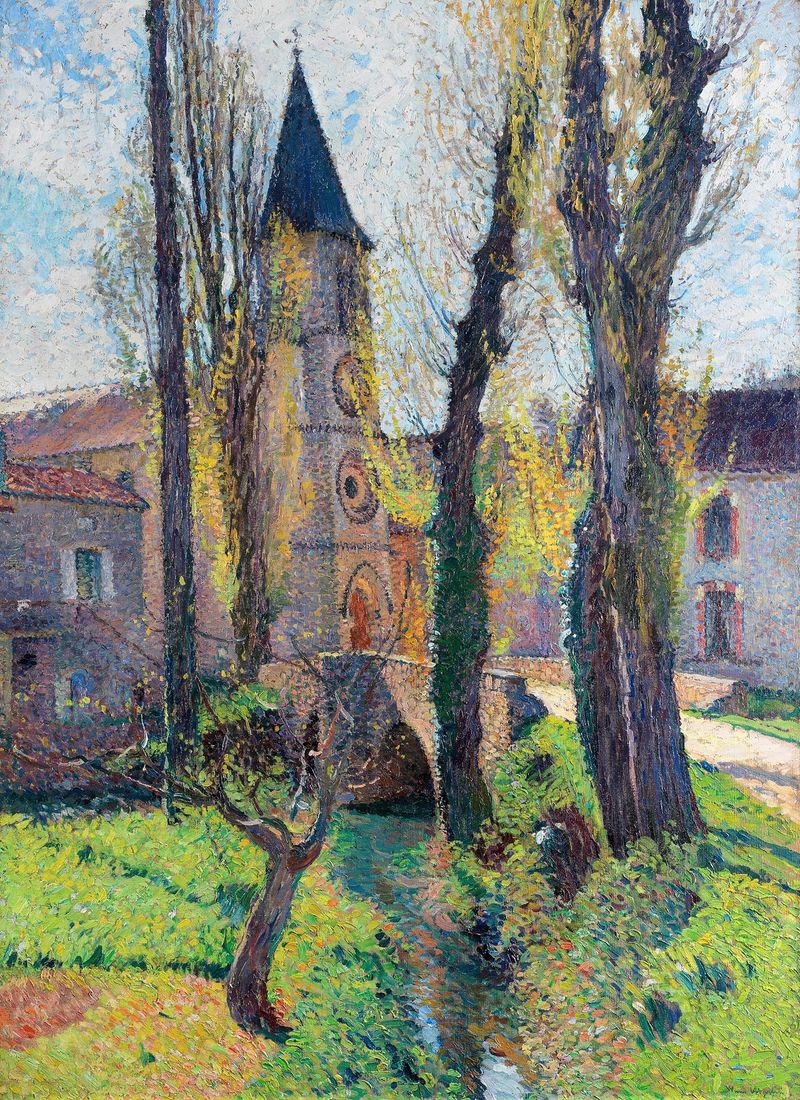 L’église de Labastide du Vert de Henri Martin, óleo sobre tela que retrata uma igreja em uma paisagem serena.