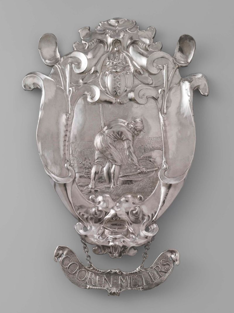 Four funeral shields made of metal by Johannes Lutma, featuring guild ornamentation.